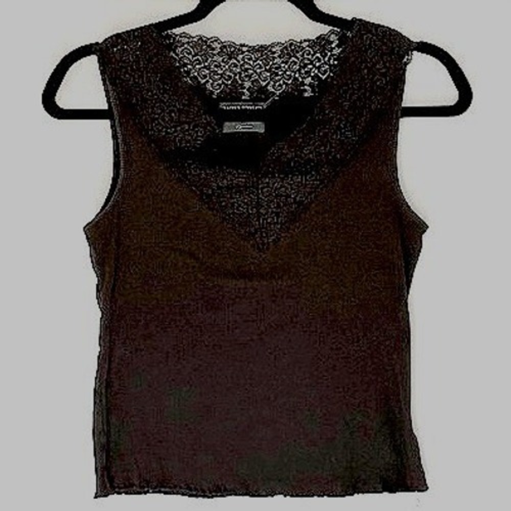 Lauren Ralph Lauren Black Ribbed Lace Trim V-Neck Tank Top Sleeveless P/M